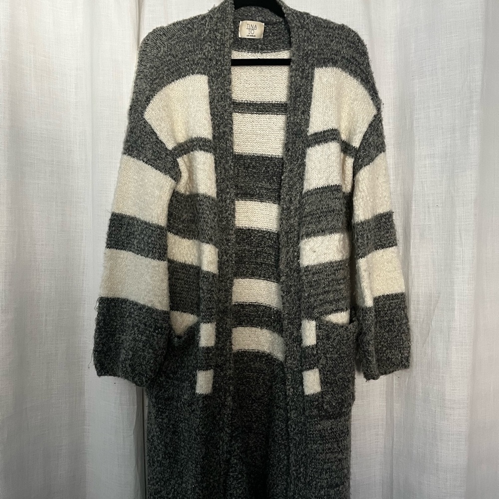Tina Jo striped grey and cream duster cardigan from Anthropologie.